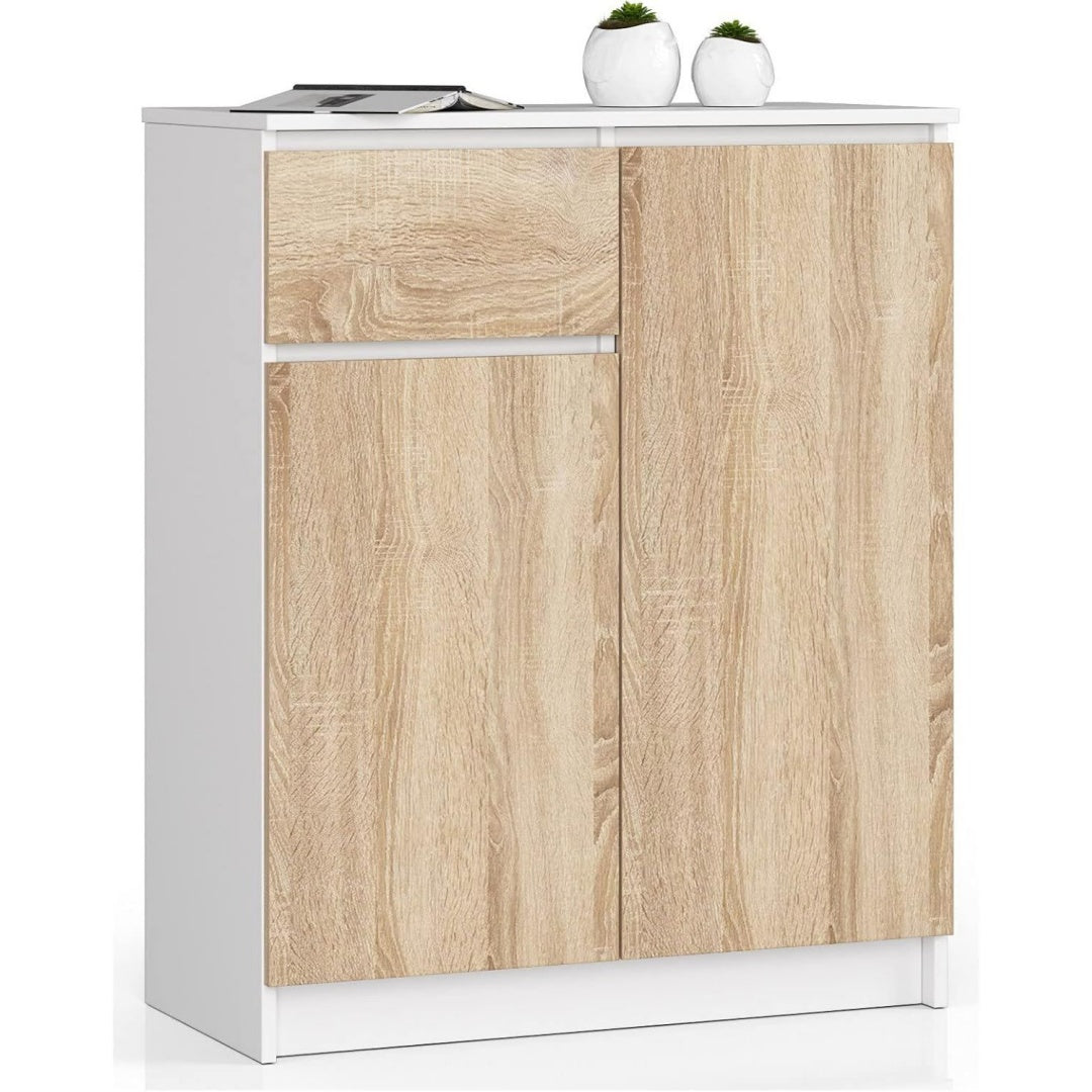 Rangement beige finition chene, coiffeuse a 2 portes 1 tiroir