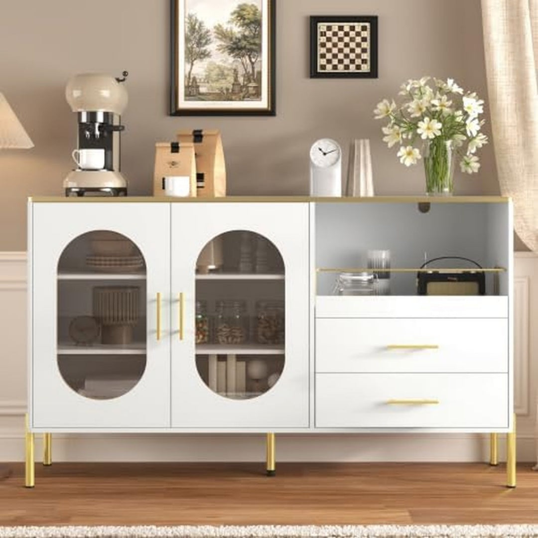 Commode creme pour entree, a 2 portes 2 tiroirs design moderne