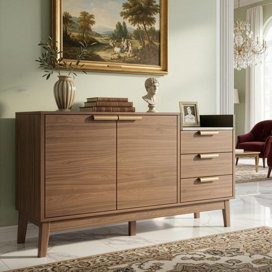 Buffet marron, etageres reglables, rangement interieur optimise