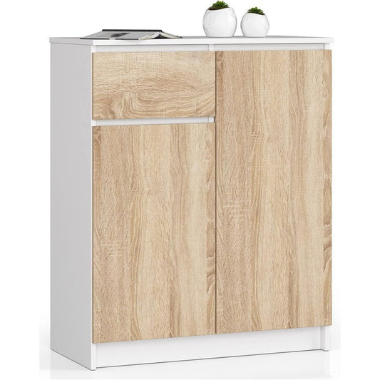 Rangement beige finition chene, coiffeuse a 2 portes 1 tiroir
