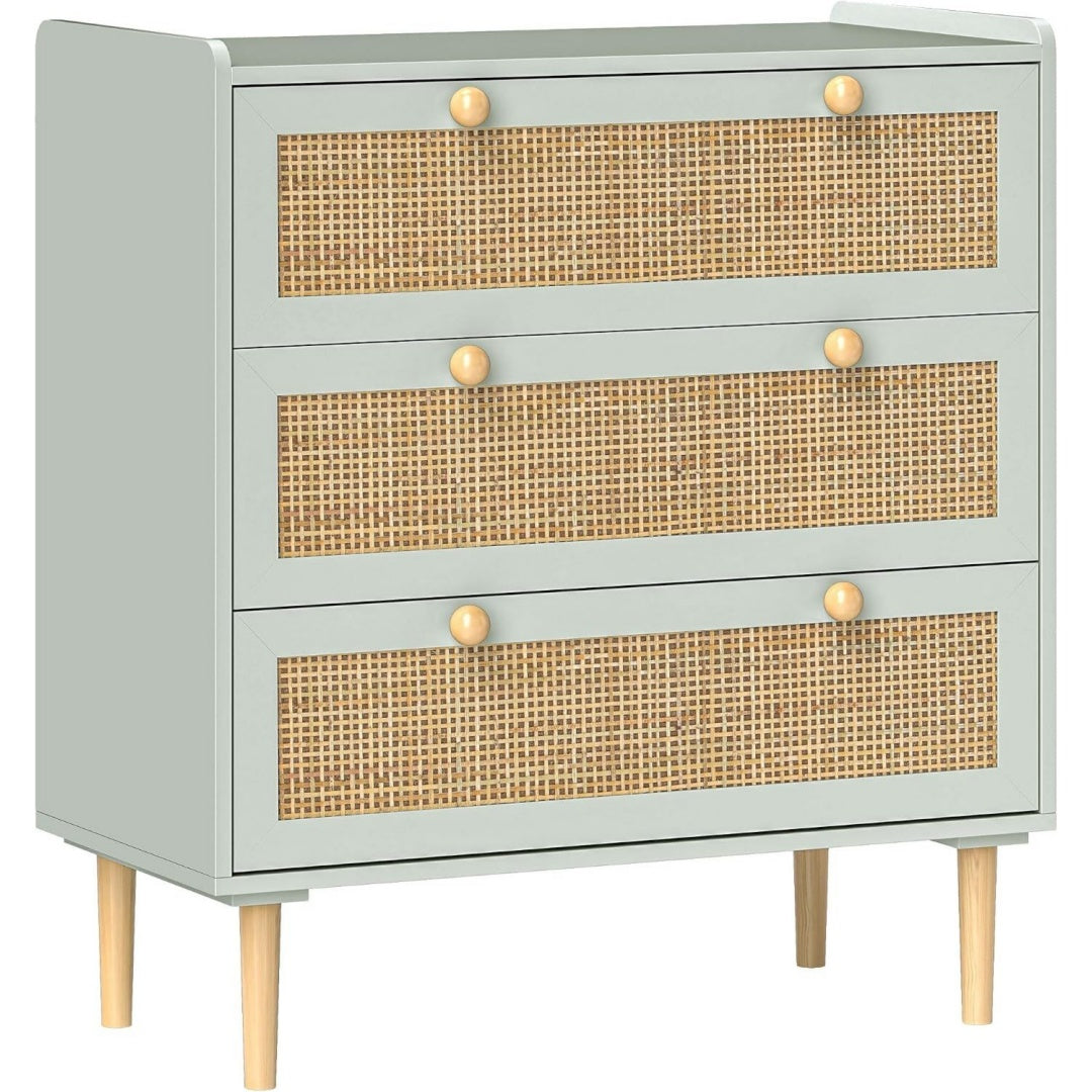 Chiffonnier gris avec 3 tiroirs, rotin