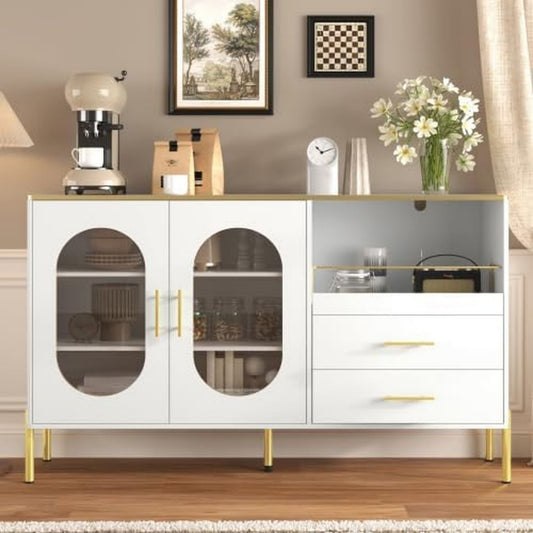 Commode creme pour entree, a 2 portes 2 tiroirs design moderne