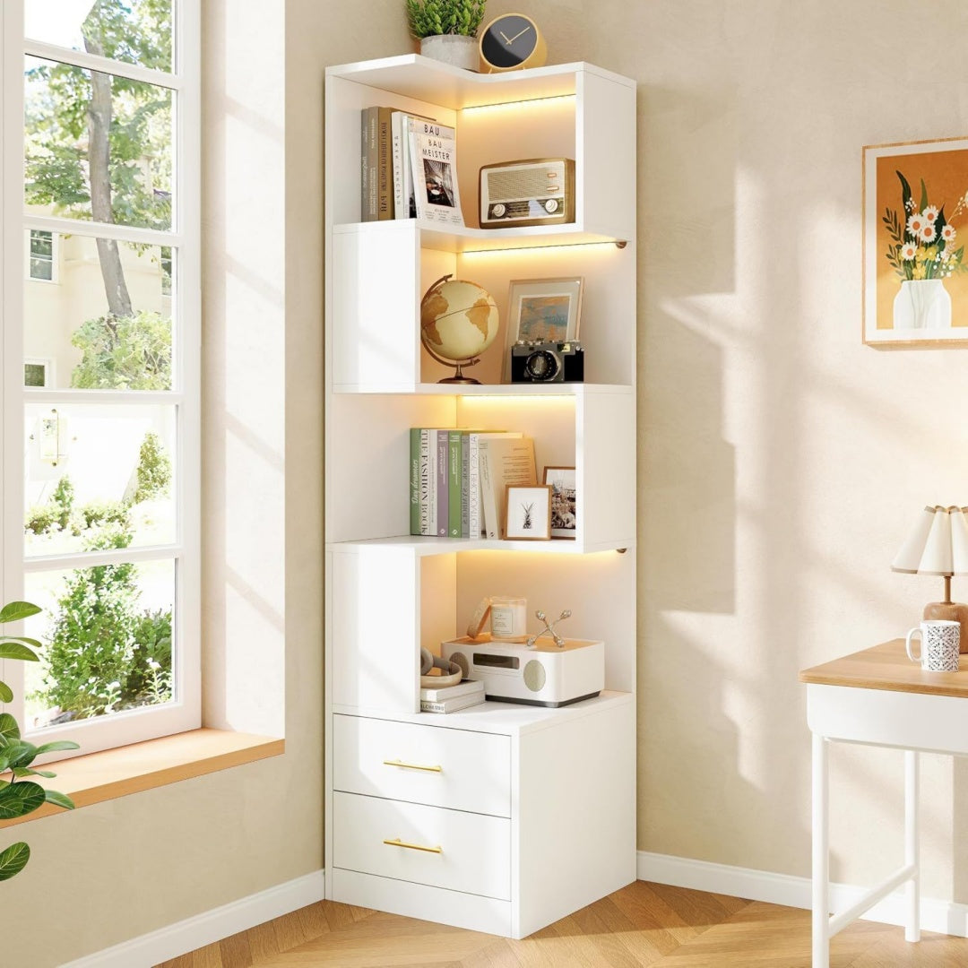 Meuble creme avec compartiments ouverts 2 tiroirs
